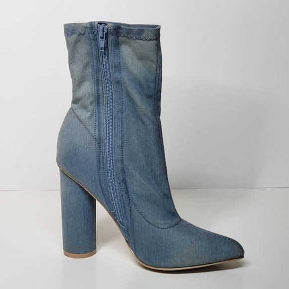 VIVA shin high faux denim jean chambray heels women's booties size 39 - Picture 4 of 12